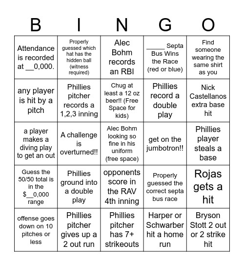 Phillies Bingo Card