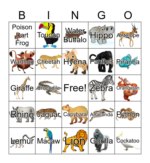 Rainforest Safari Animal Bingo Card