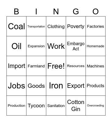 Industrial Revolution Bingo Card