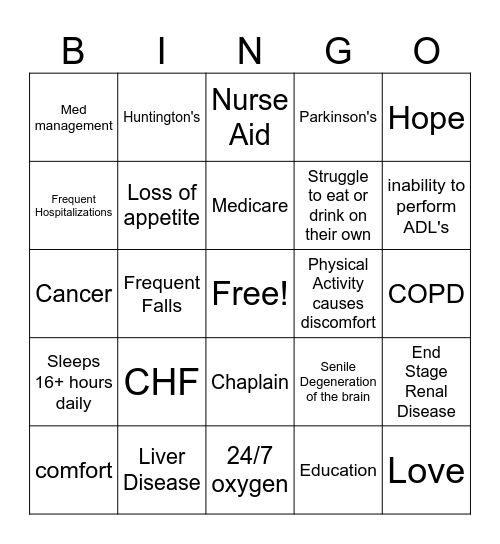 Hospice Bingo Card