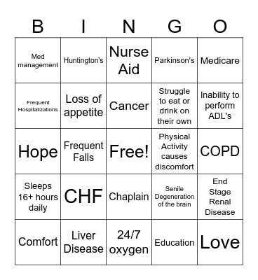 Hospice Bingo Card