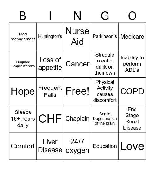 Hospice Bingo Card