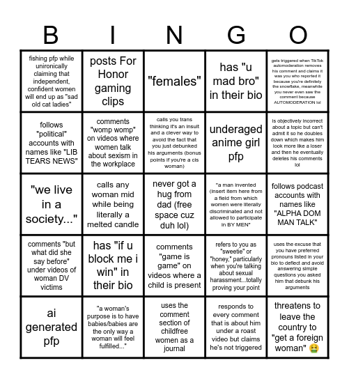 incel snowflake manlet Bingo Card