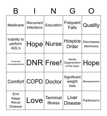 Hospice Bingo Card