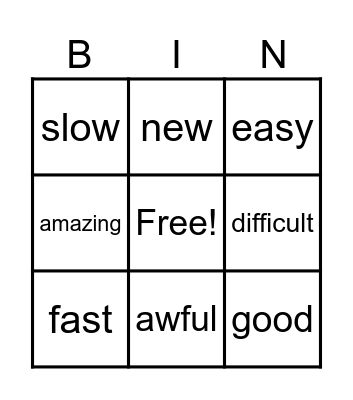 Opposite adjectives Bingo Card