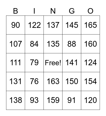 Bingo 76 to 165 Bingo Card