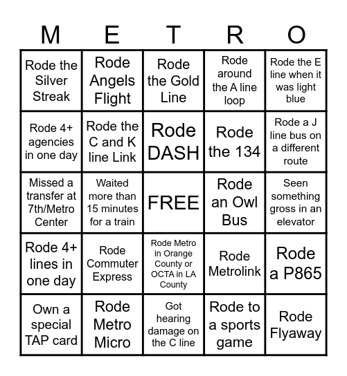 LA Transit Bingo Card