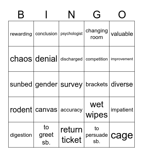 Vocabulary Revision Bingo Card