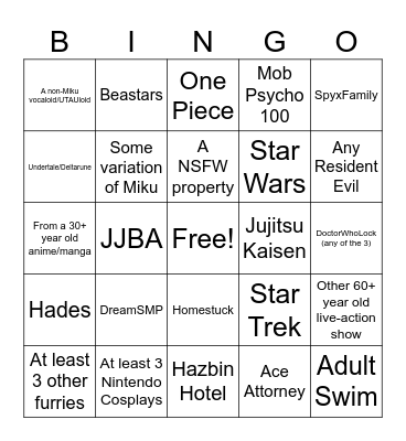 Fangaea 2024 Cosplay Bingo Card