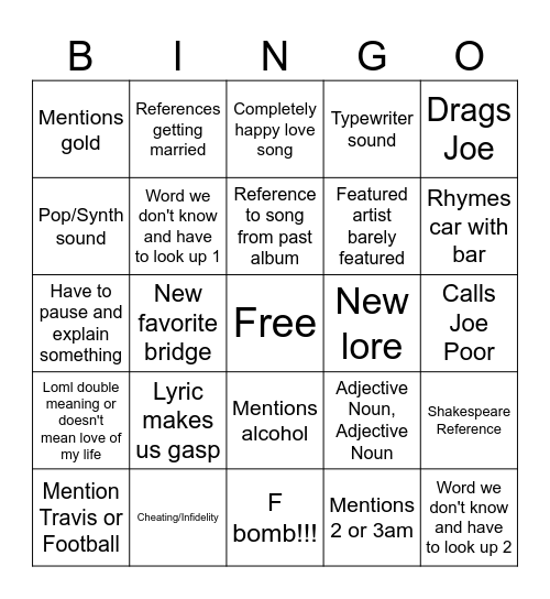 TTPD Bingo Card