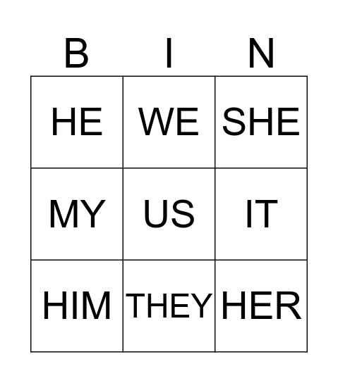 PRONOUN Bingo Card
