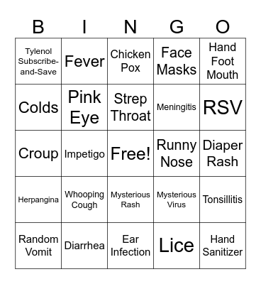 Daycare Illness Bingo Card