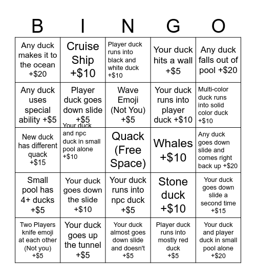 Duck Game Bingo Card