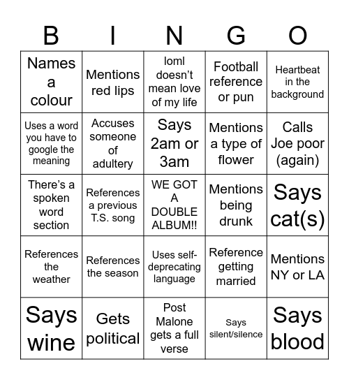 TTPD Bingo Card