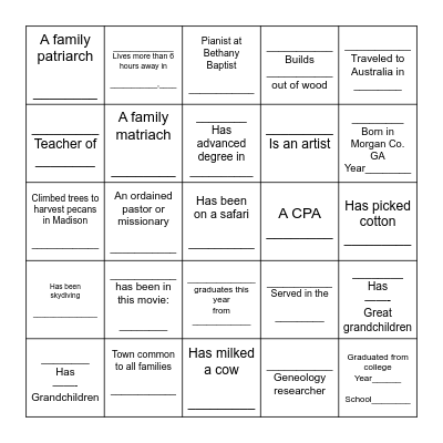 Families Gathering 2024 Bingo Card