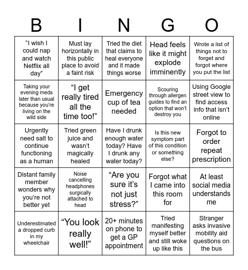 Chronic Illness Bingo Card