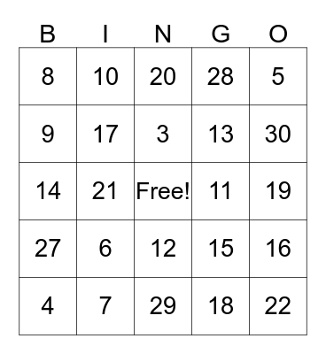 Spanish Bingo Numeros 1 al 30 Bingo Card
