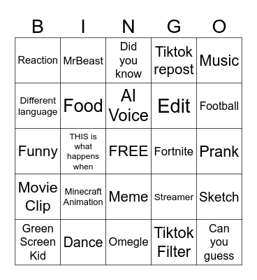 YT Short bingo Card