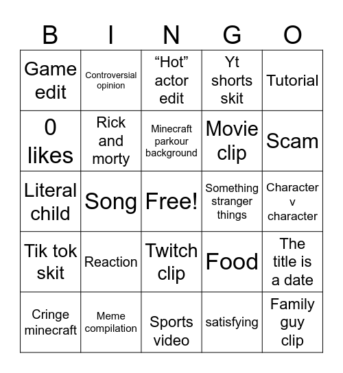 YouTube shorts Bingo Card