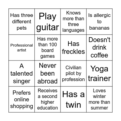 Бинго на знакомство Bingo Card