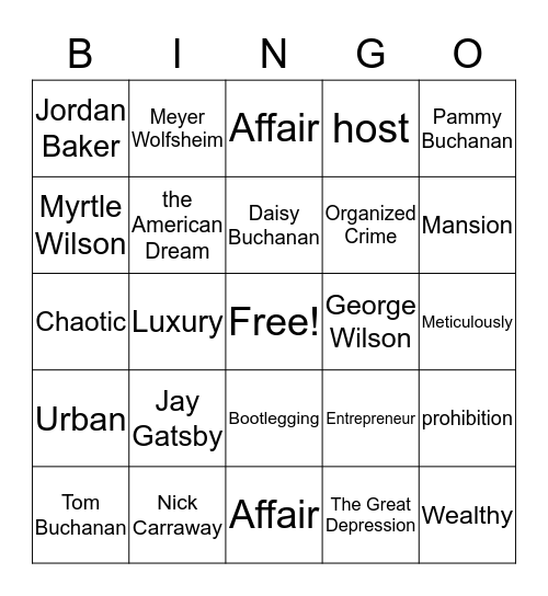 The Great Gatsby Bingo Card