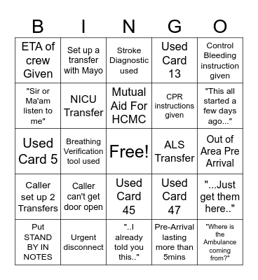 CALL TAKER Bingo Card