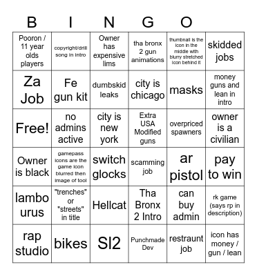 Skidded Bingo Card