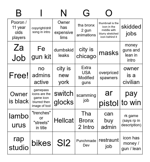 Skidded Bingo Card