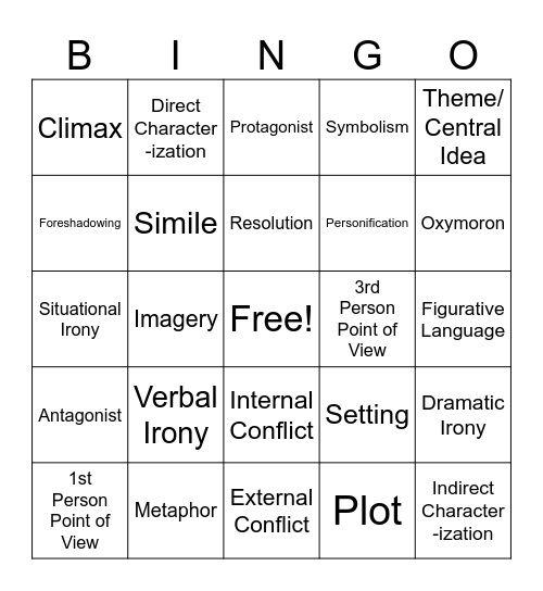 Literary Devices Bingo Card