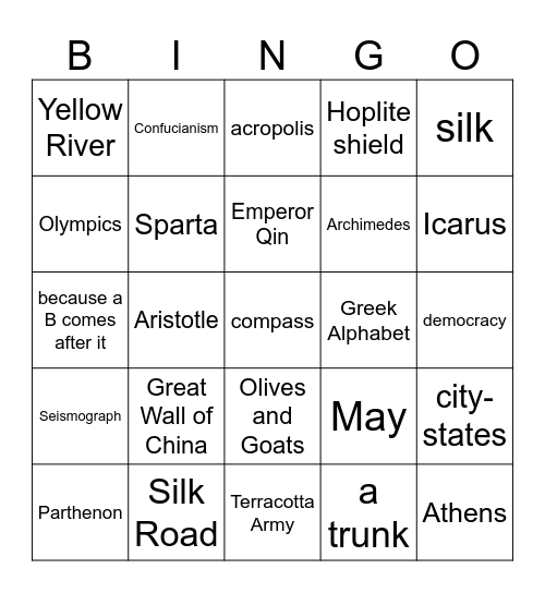 Ancient Greece/China Bingo Card