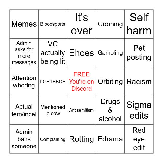 Femcel Bingo Card