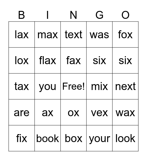 Lesson 31 X Bingo Card