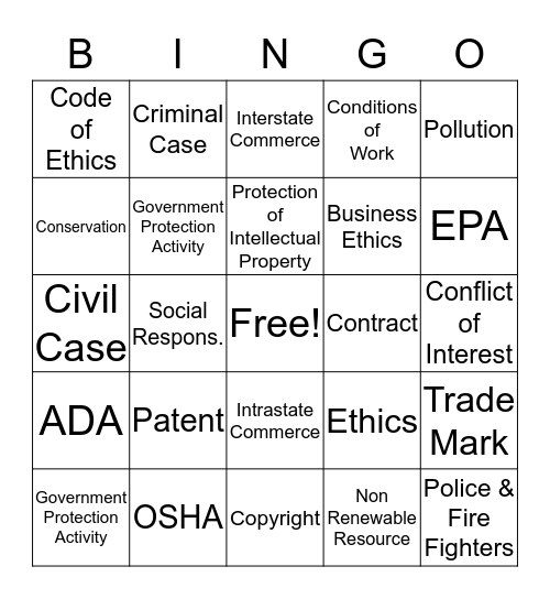 Chapter 4 Social Responsibilty & Business Ethics Bingo Card