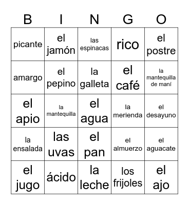 Toda la Comida Bingo Card