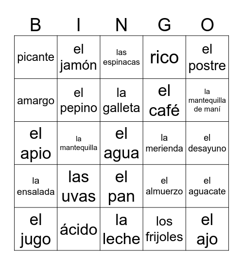 Toda la Comida Bingo Card