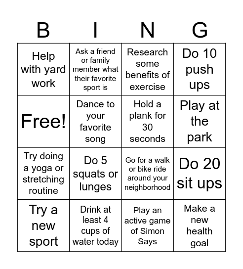 Get Active Bingo Card Bingo Card