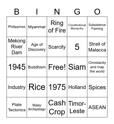 Southeast Asia Bingo Card