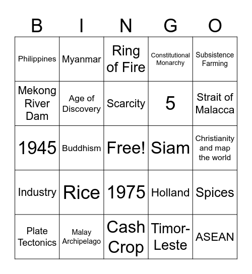 Southeast Asia Bingo Card