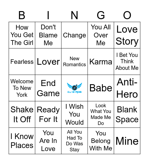 Taylor Swift Bingo Card