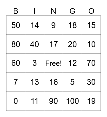 Number BINGO Card