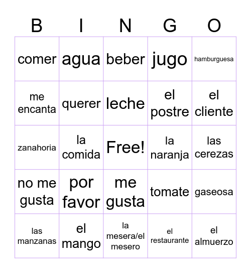 La Comida Bingo Card