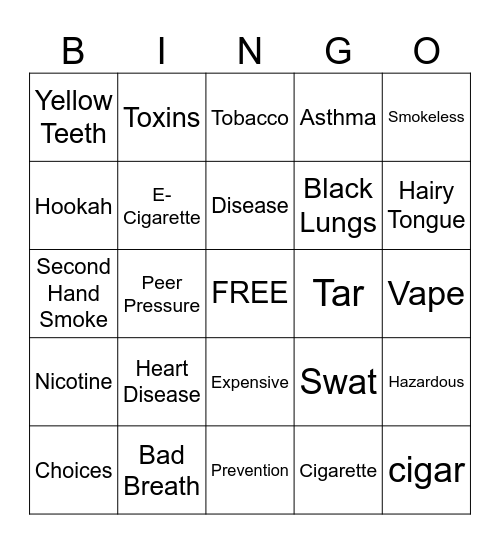 Smoking Prevention Bingo Card