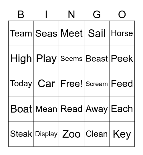 Sight word Bingo Card