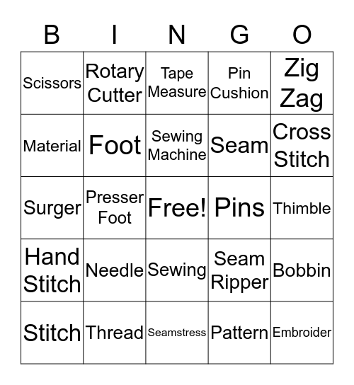 Sewing Bingo Card