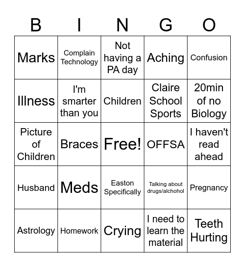 Mrs Smith Bingo Card