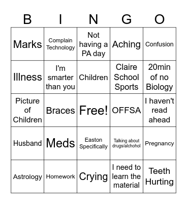 Mrs Smith Bingo Card