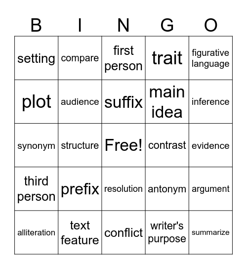 ELA Vocab Review Bingo Card