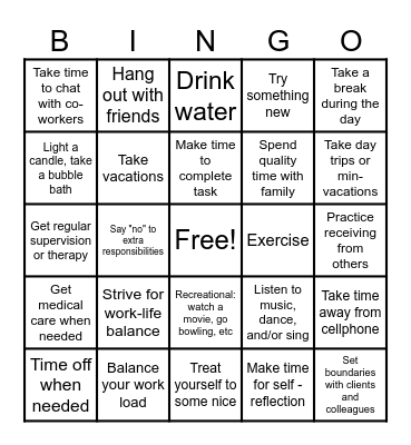 SELF-CARE ASSESSMENT Bingo Card