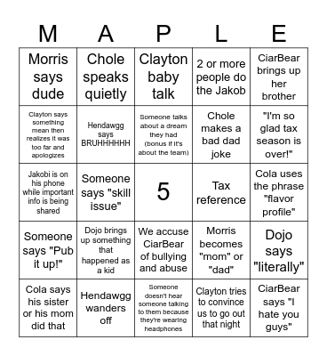Maple Five Bingo Card