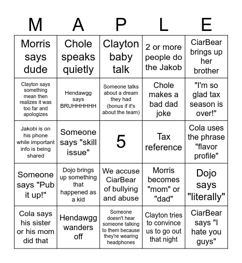 Maple Five Bingo Card